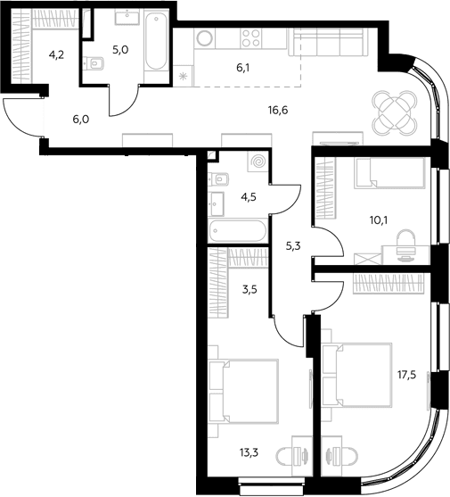 Планировка: Квартира евро-4 92,6 м² в ЖК «Адмирал»