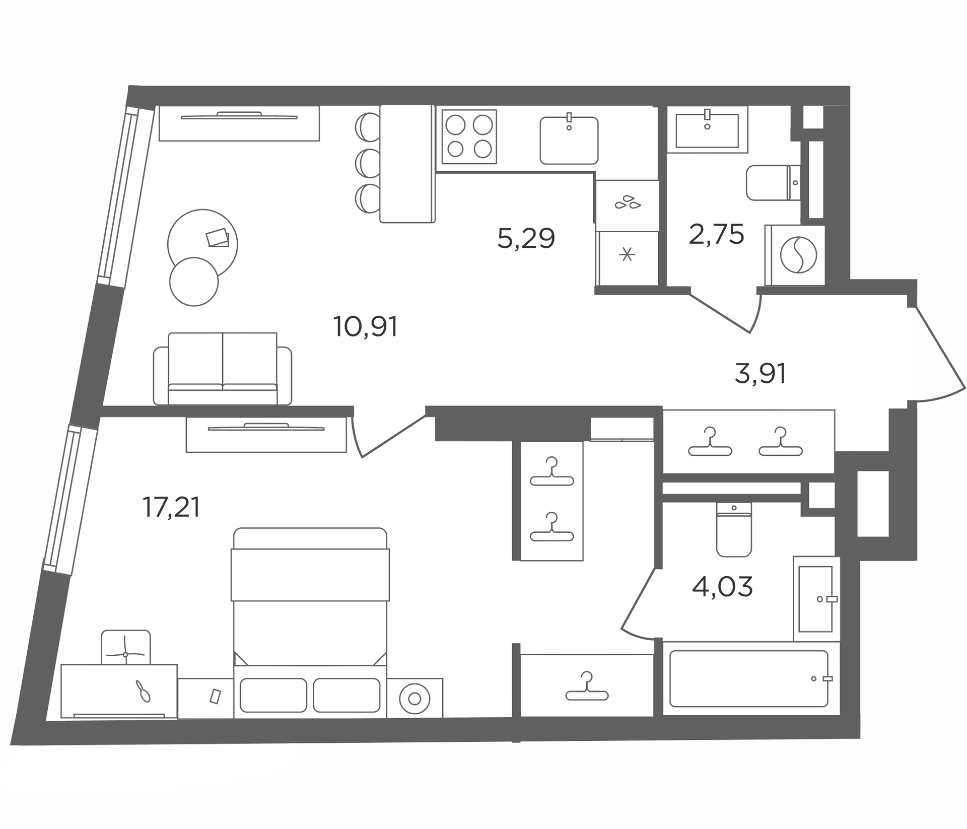 Планировка: Евродвушка 44,1 м² в ЖК «Сикрет Гарден»
