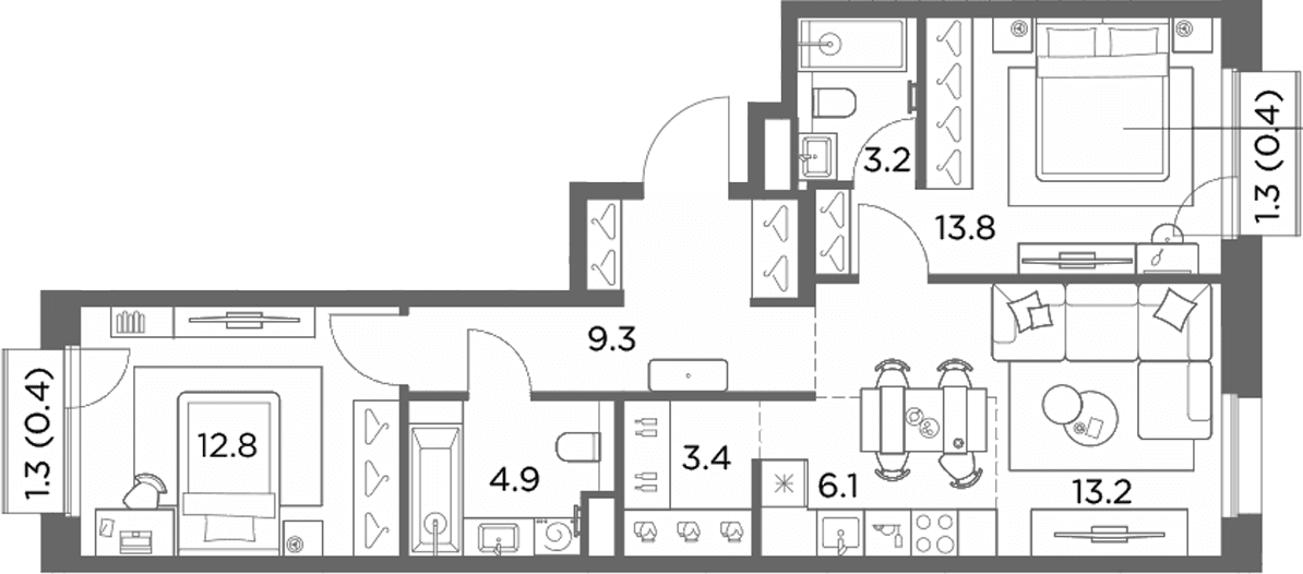Планировка: Евротрёшка 66,7 м² в ЖК «Станиславский»