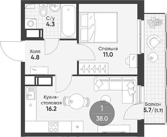 Планировка: Евродвушка 36,3 м² в ЖК «Клюква.Парк»