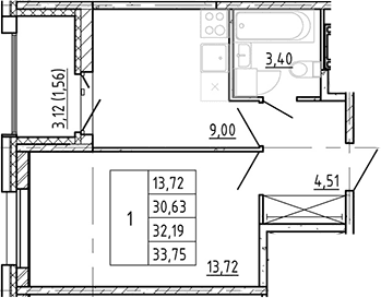 Планировка: 1-комнатная квартира 30,3 м² в ЖК «Полис Новоселье»