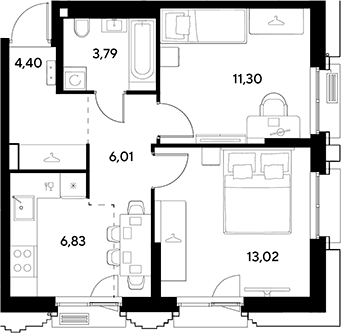 Планировка: 2-комнатная квартира 45,4 м² в ЖК «ЭВО»