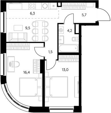 Планировка: Евротрёшка 57 м² в ЖК «Адмирал»