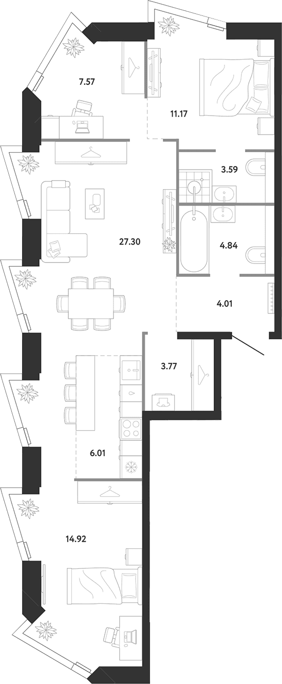 Планировка: 2-комнатная квартира 83,2 м² в ЖК «Ридж»