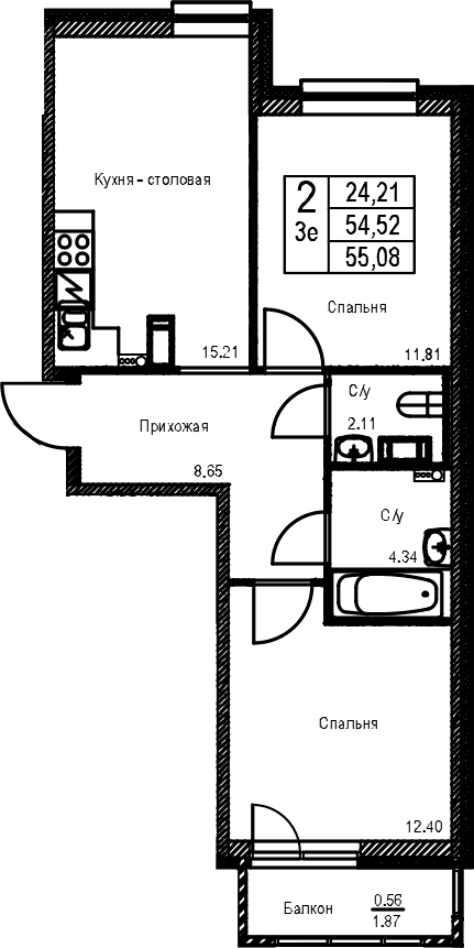 Планировка: Евротрёшка 54,5 м² в ЖК «ID Kudrovo II»