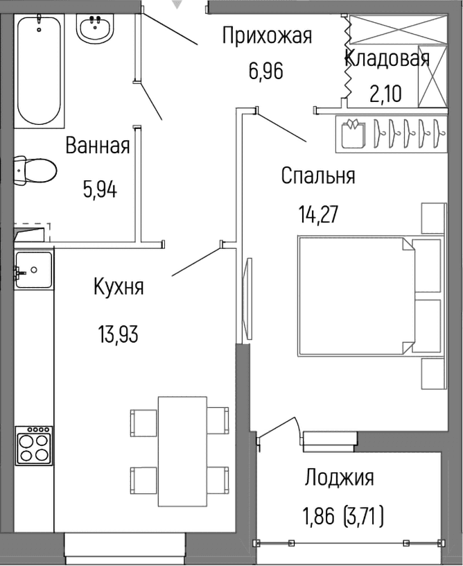 Планировка: 1-комнатная квартира 43,2 м² в ЖК «Рига Хиллс»