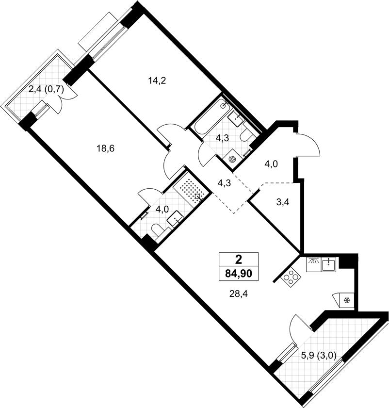 Планировка: Евротрёшка 81,2 м² в ЖК «Хольм»