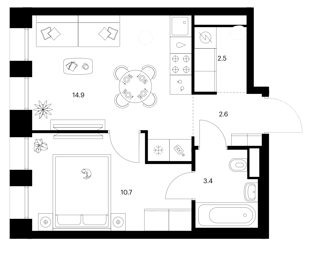 Планировка: 1-комнатная квартира 34,1 м² в ЖК «Строгино 360»