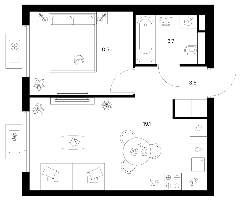 Планировка: 1-комнатная квартира 36,8 м² в ЖК «Белая Дача парк»