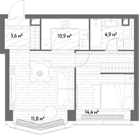 Планировка: Евродвушка 45,6 м² в ЖК «С5»