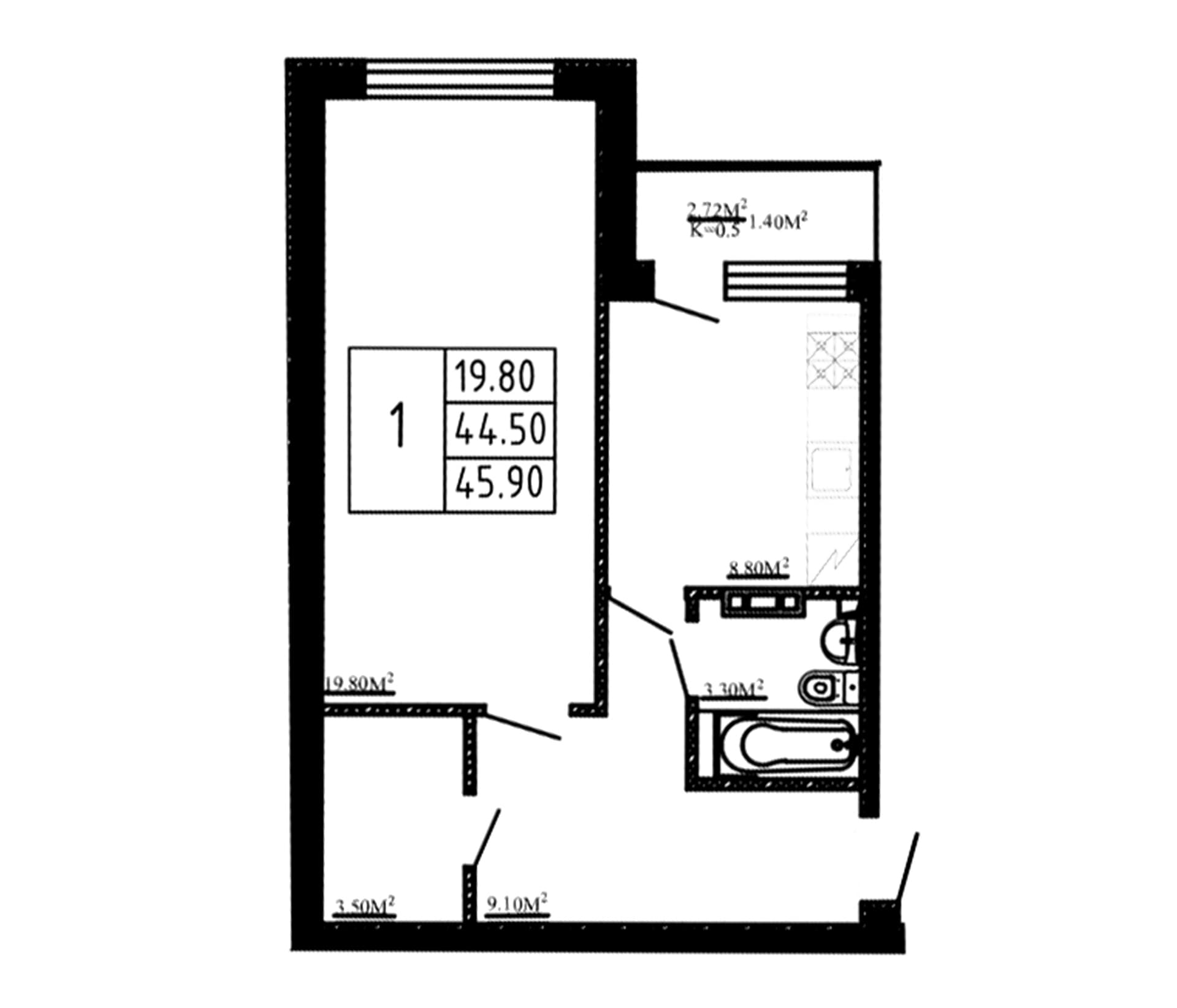 Планировка: 1-комнатная квартира 44,5 м² в ЖК «Перспектива»