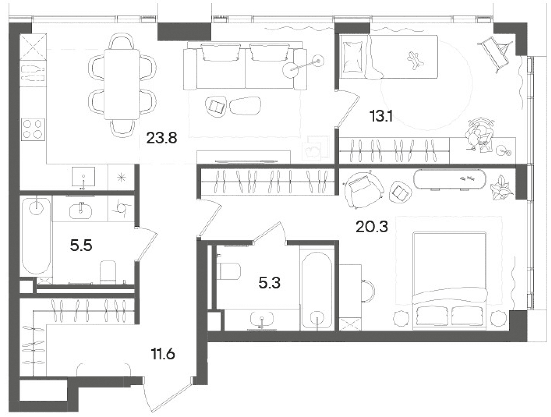 Планировка: Евротрёшка 80,4 м² в ЖК «СТОУН Грэйн»
