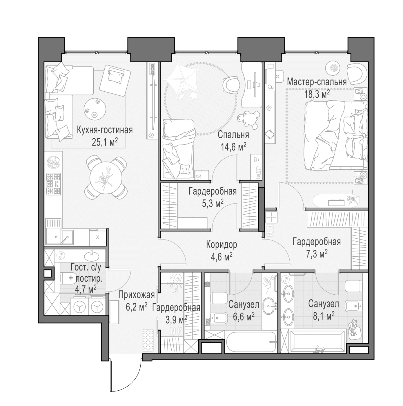Планировка: Евротрёшка 105,6 м² в ЖК «Квартал Life Time»