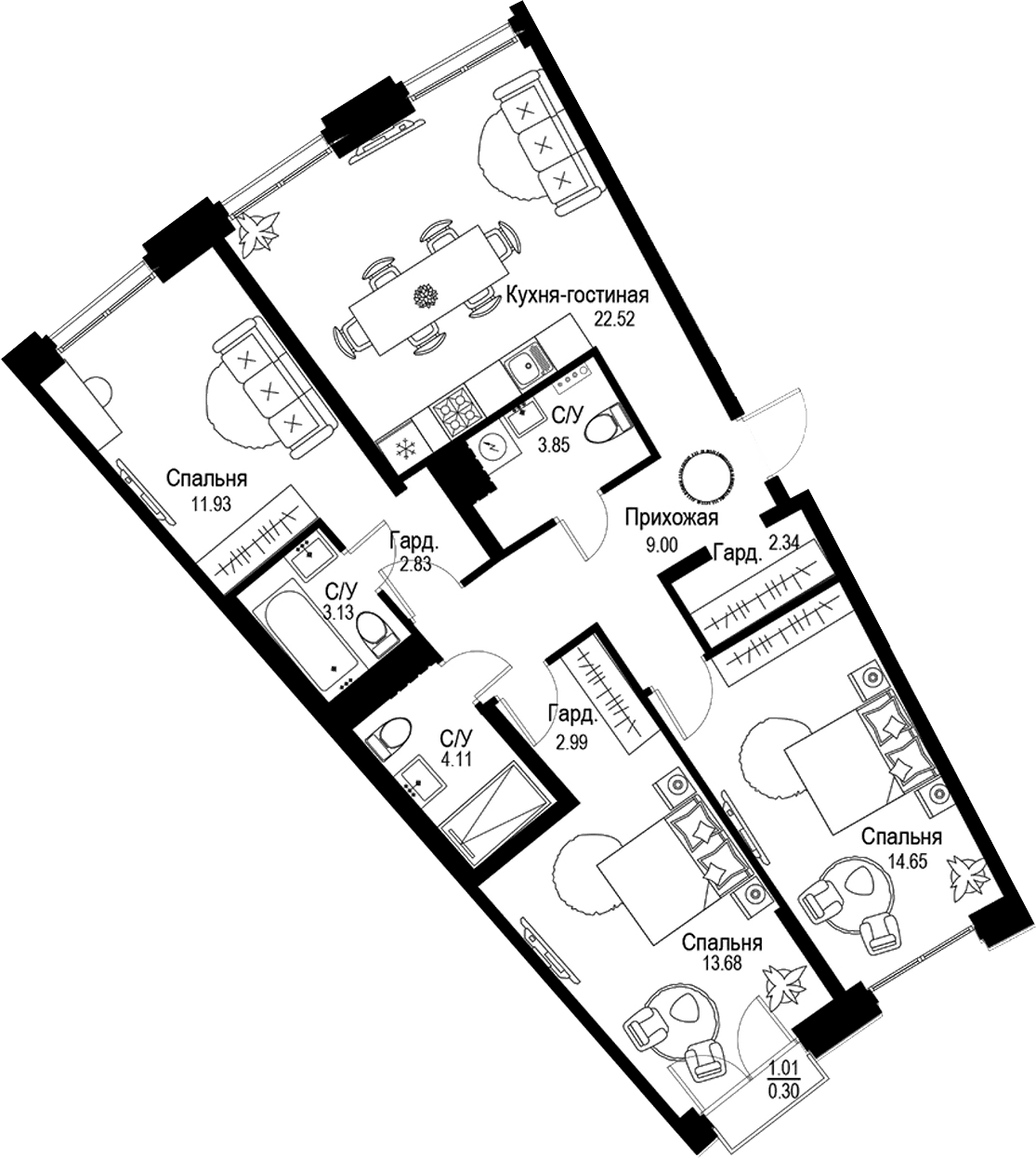 Планировка: Квартира евро-4 91 м² в ЖК «ID Petrogradskaya»