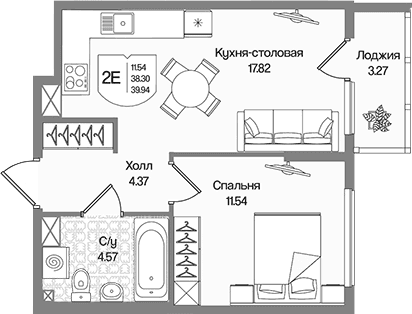 Планировка: Евродвушка 38,3 м² в ЖК «Охтинские высоты»