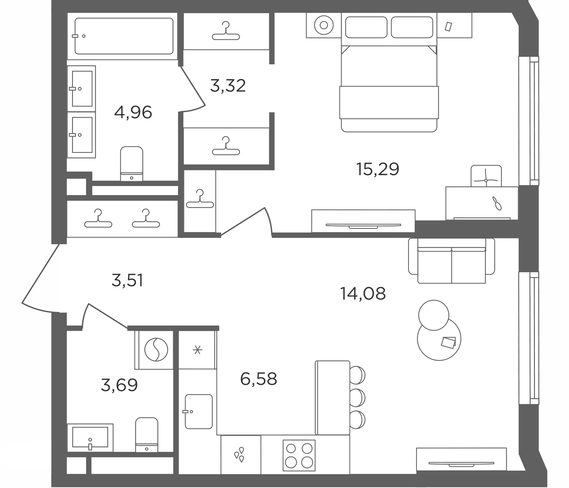 Планировка: Евродвушка 51,6 м² в ЖК «Сикрет Гарден»