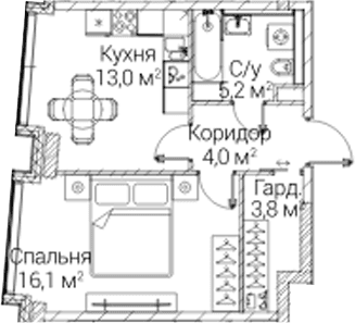 Планировка: 1-комнатная квартира 42,1 м² в ЖК «СЕЗАР БУДУЩЕЕ»