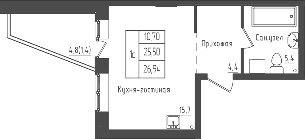 Планировка: Студия 25,5 м² в ЖК «Зеленый город»