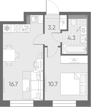 Планировка: Евродвушка 34,9 м² в ЖК «Большая Охта»