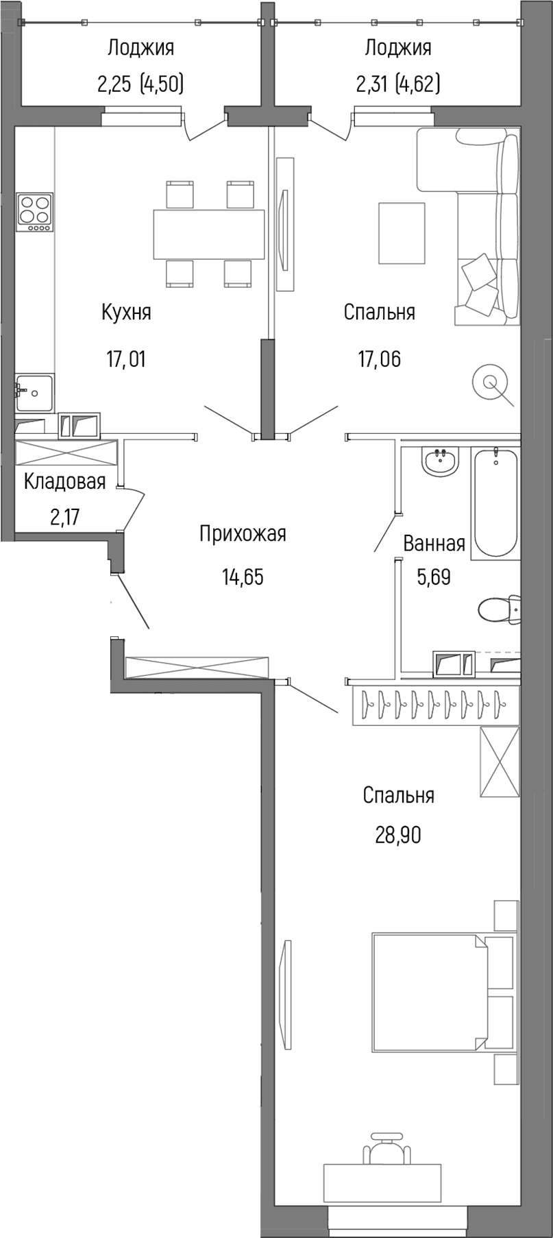 Планировка: 2-комнатная квартира 82,4 м² в ЖК «Рига Хиллс»