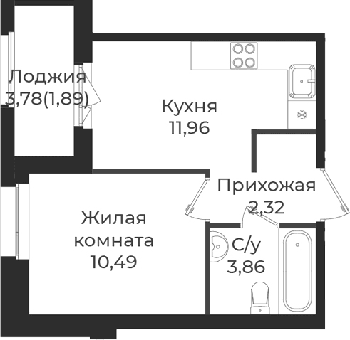 Планировка: 1-комнатная квартира 28,6 м² в ЖК «Новатория»