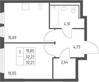 Планировка: 1-комнатная квартира 32,2 м² в ЖК «Пригород Лесное»