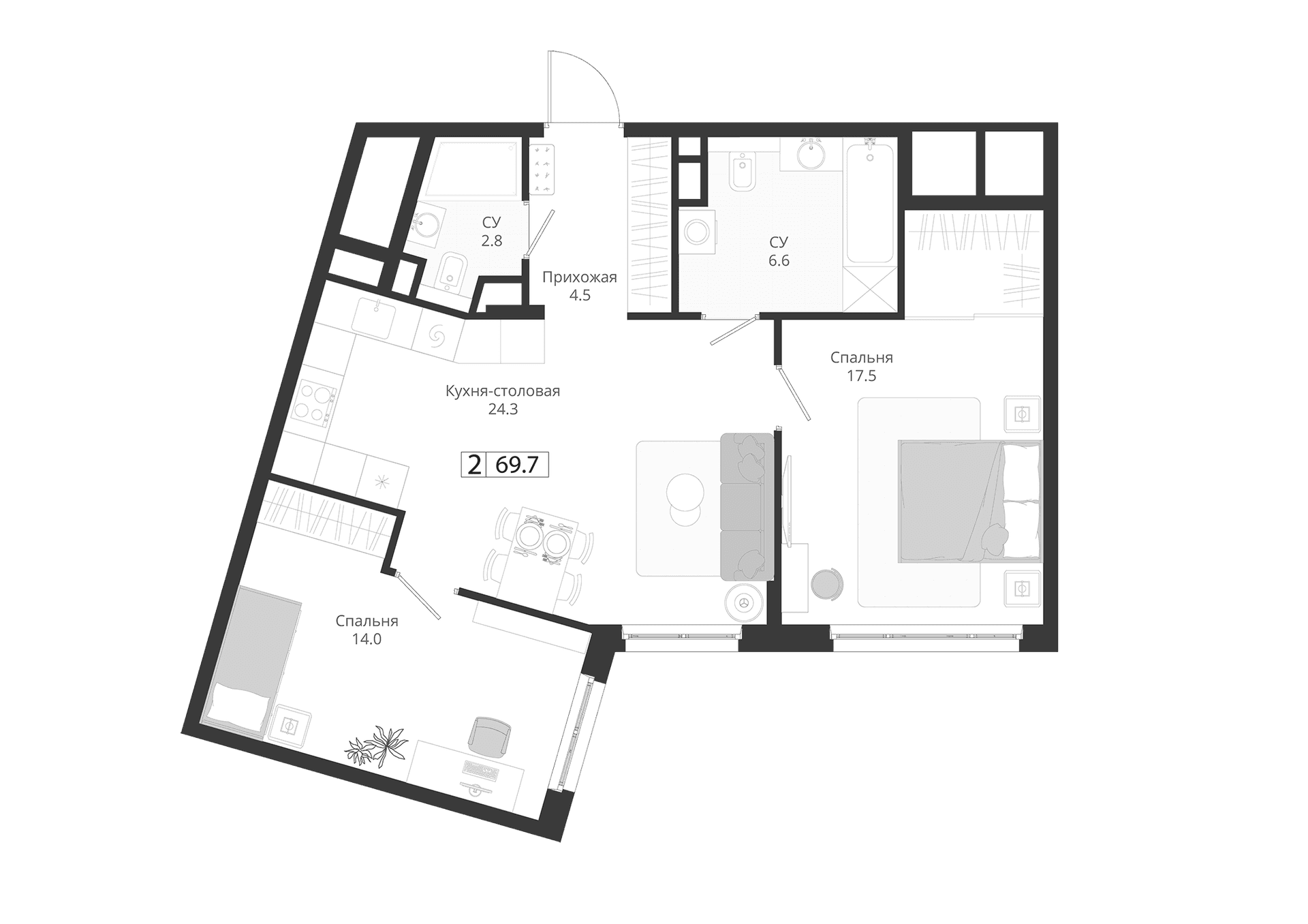 Планировка: Евротрёшка 69,7 м² в ЖК «ГРЭЙ»