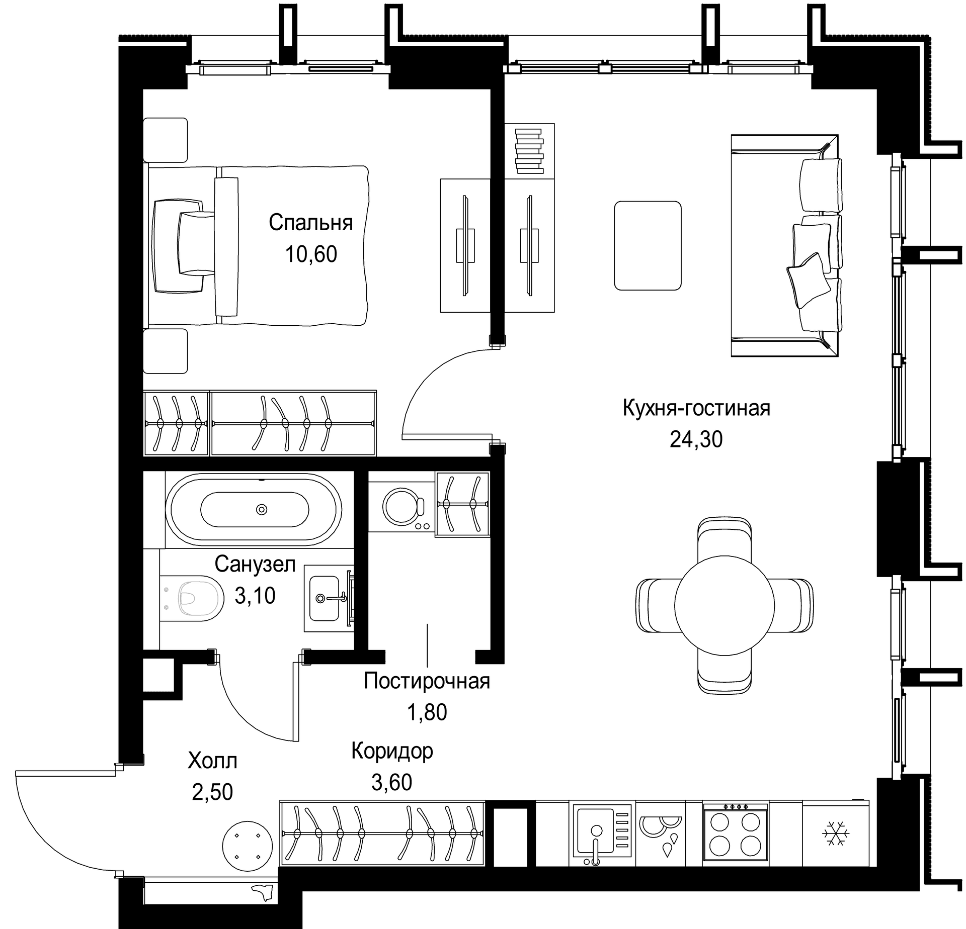 Планировка: Евродвушка 45,9 м² в ЖК «СИТИДЗЕН»