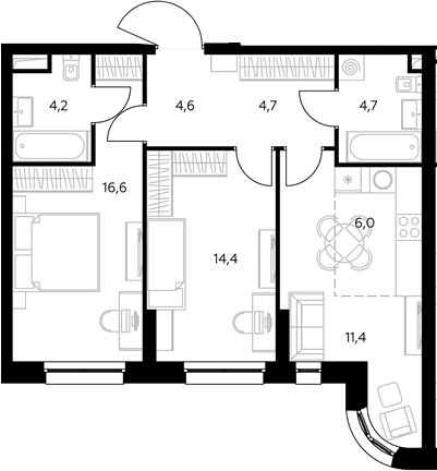 Планировка: Евротрёшка 67,1 м² в ЖК «Адмирал»