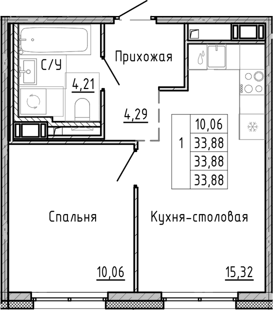 Планировка: Евродвушка 33,9 м² в ЖК «ОКЛА»