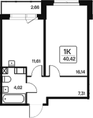 Планировка: 1-комнатная квартира 39,1 м² в ЖК «Расцветай в Янино»