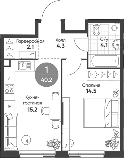 Планировка: Евродвушка 40,2 м² в ЖК «Шагал»