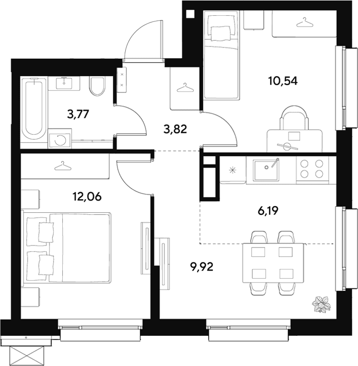Планировка: Евротрёшка 46,3 м² в ЖК «ЭВО»