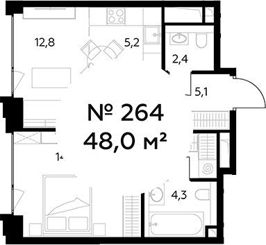 Планировка: Евродвушка 48 м² в ЖК «Монблан»