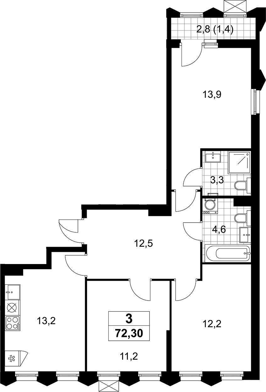 Планировка: 3-комнатная квартира 70,9 м² в ЖК «Деснаречье»