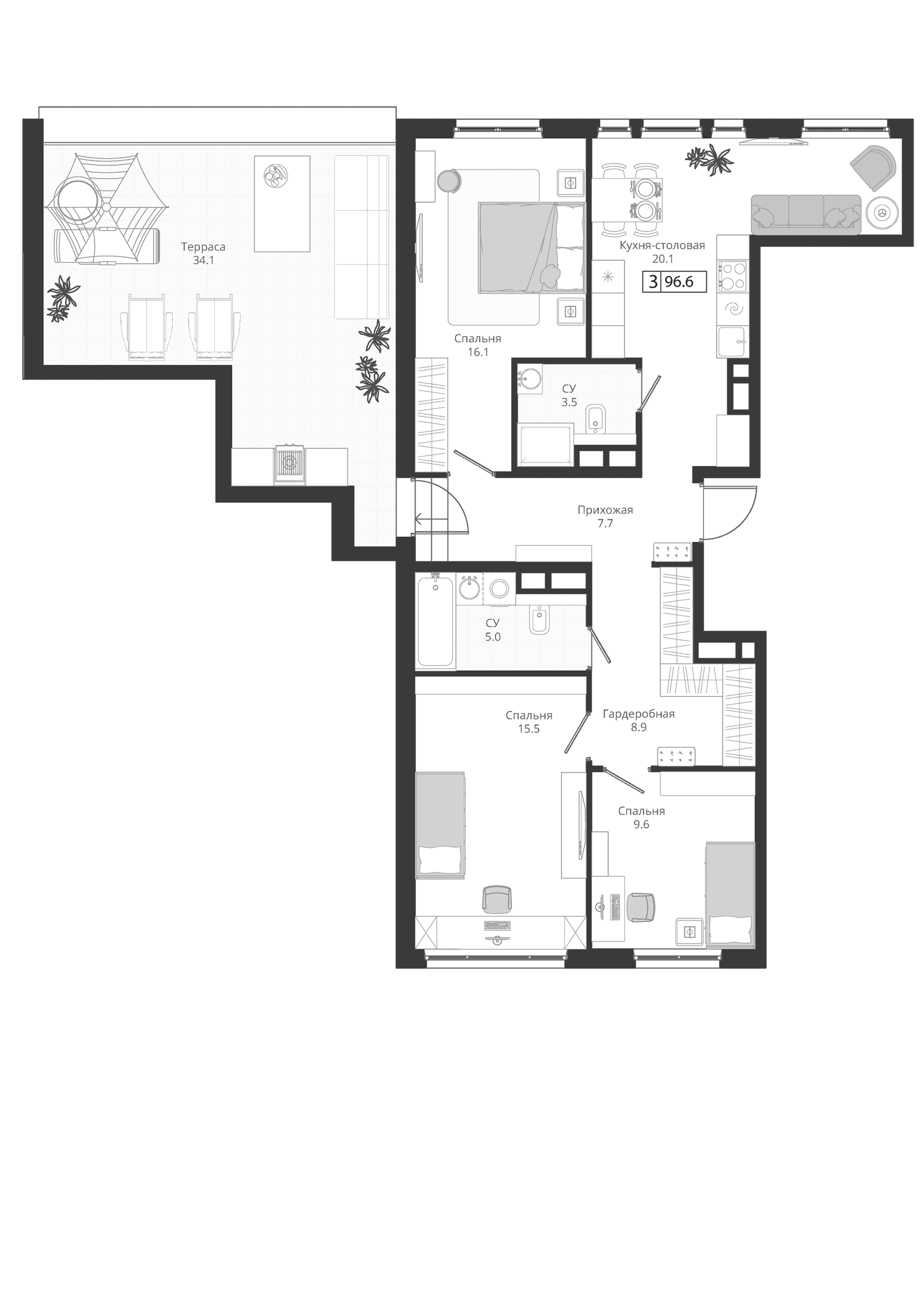 Планировка: Квартира евро-4 86,4 м² в ЖК «ГРЭЙ»