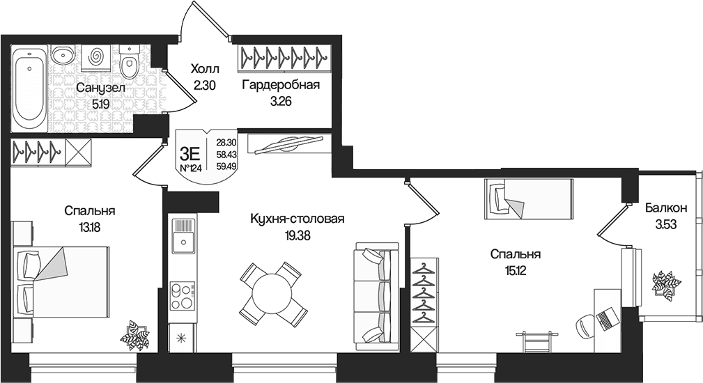 Планировка: Евротрёшка 58,4 м² в ЖК «Охтинские высоты»