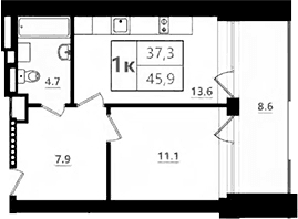 Планировка: 1-комнатная квартира 37,3 м² в ЖК «Морская Ривьера»