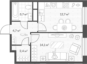 Планировка: 1-комнатная квартира 37,6 м² в ЖК «Аристов Берег»