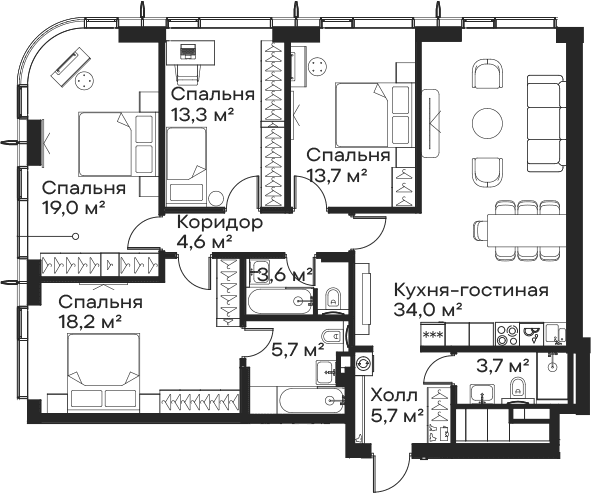 Планировка: Квартира евро-5 121,5 м² в ЖК «Сити Бэй»