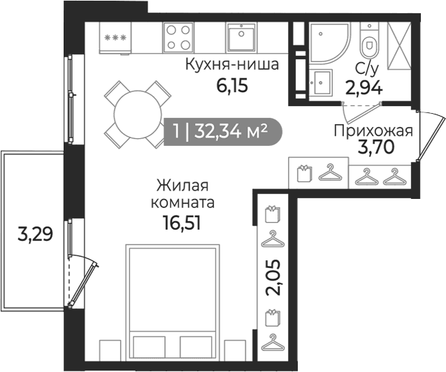 Планировка: Студия 31,4 м² в ЖК «Квинта»