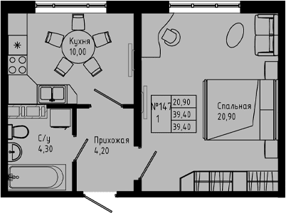 Планировка: 1-комнатная квартира 39,4 м² в ЖК «PIXEL»