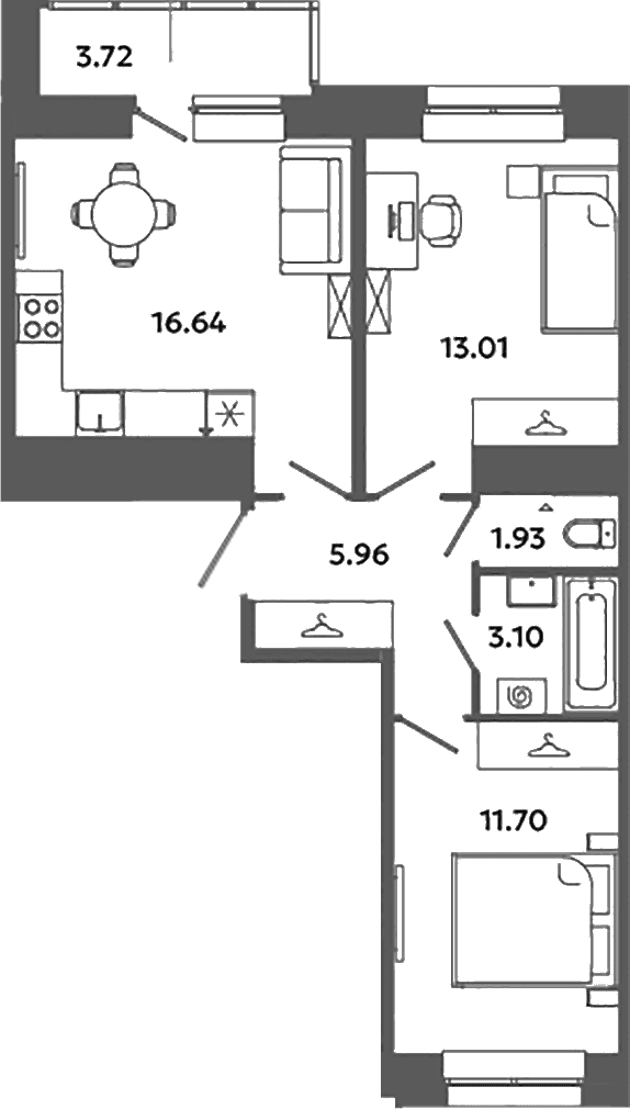Планировка: Евротрёшка 52,3 м² в ЖК «Загляденье»