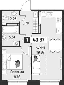 Планировка: Евродвушка 40,9 м² в ЖК «Символист»