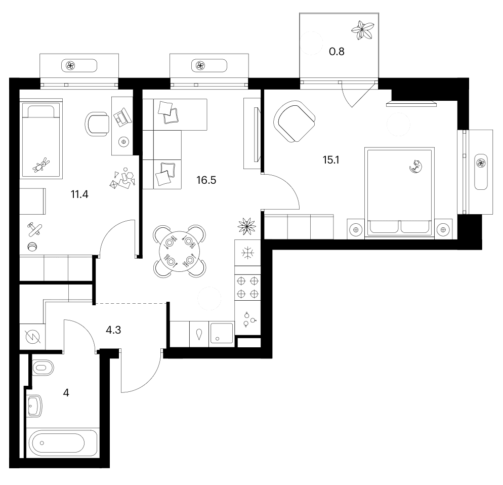 Планировка: 2-комнатная квартира 51,3 м² в ЖК «Зеленый парк»