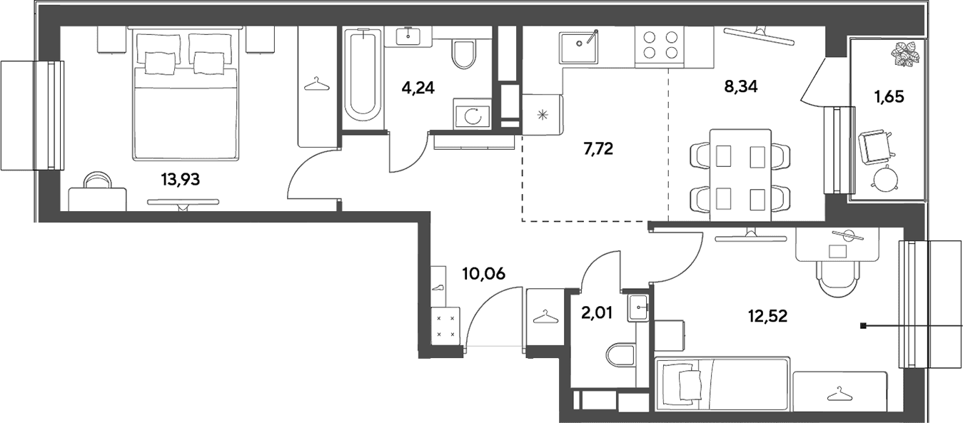 Планировка: Евротрёшка 58,8 м² в ЖК «Публицист»