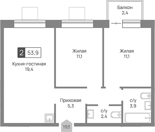 Планировка: Евротрёшка 53,2 м² в ЖК «Отрада 3»