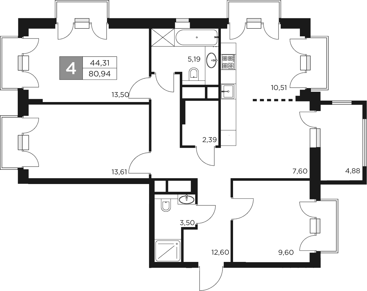 Планировка: Квартира евро-4 78,5 м² в ЖК «Восток 2»