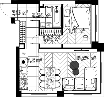 Планировка: Евродвушка 47,9 м² в ЖК «Квартал Серебряный бор»