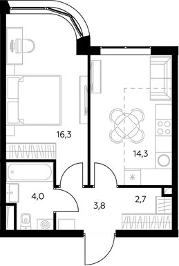 Планировка: 1-комнатная квартира 42,1 м² в ЖК «Адмирал»